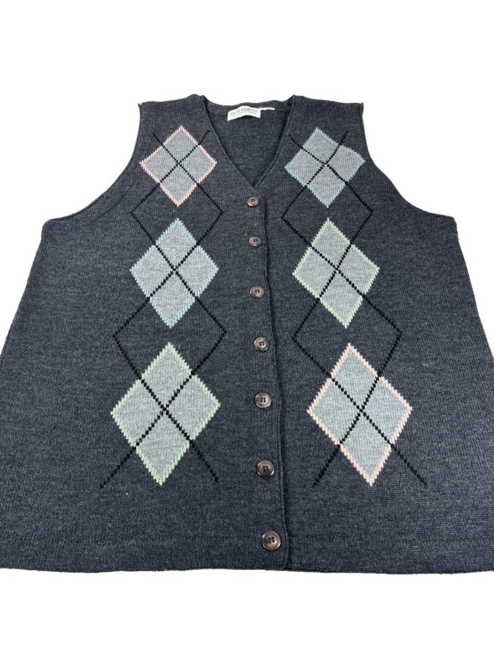 Vintage 90s Liz Claiborne Elisabeth Gray Argyle Knit Sweater Vest Women 1X XL